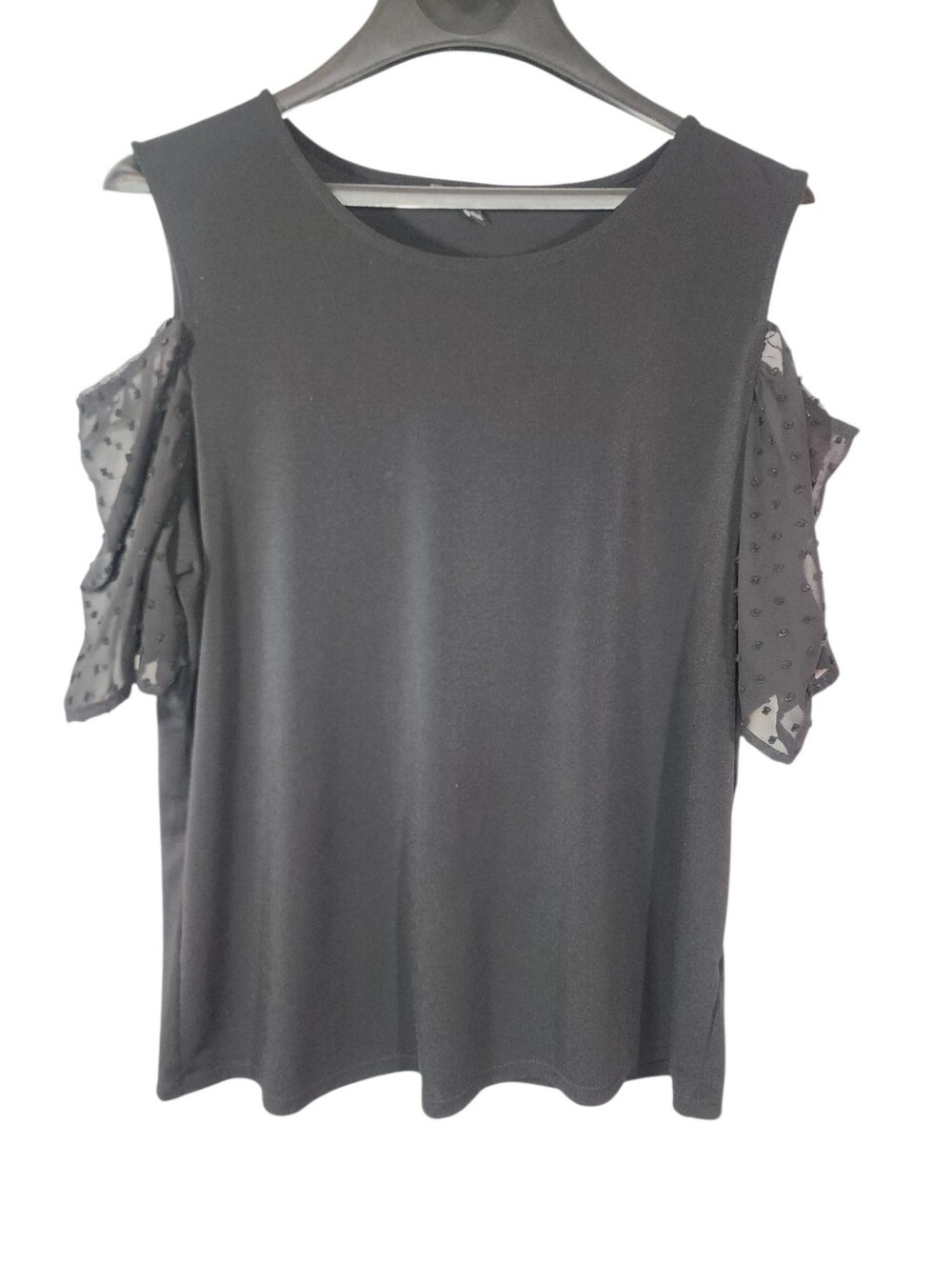 Adrianna Papell Black Cold-Shoulder Top with Sheer Dot Sleeves. L